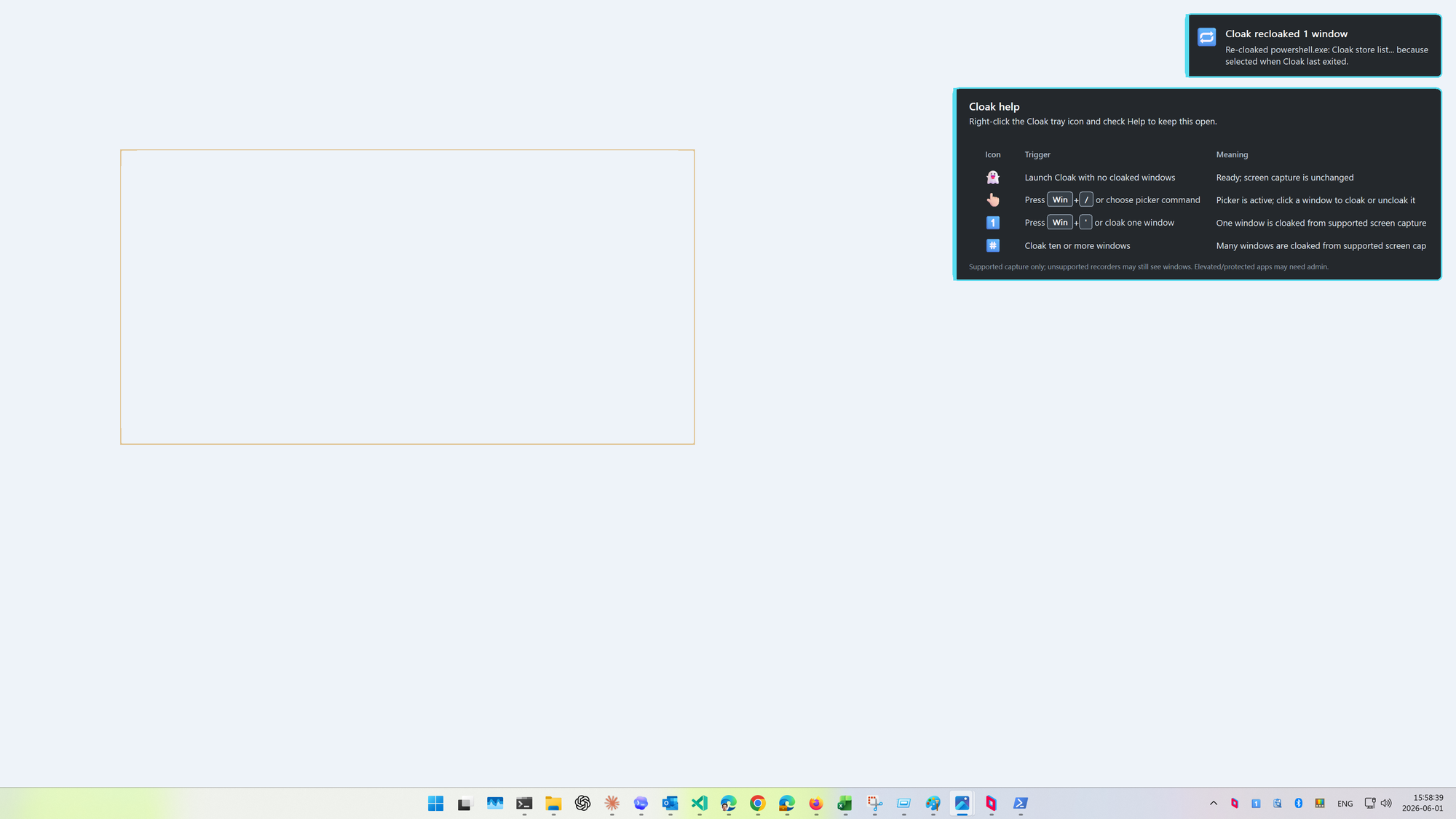 Cloak local indicator overlay showing which window is hidden from capture.
