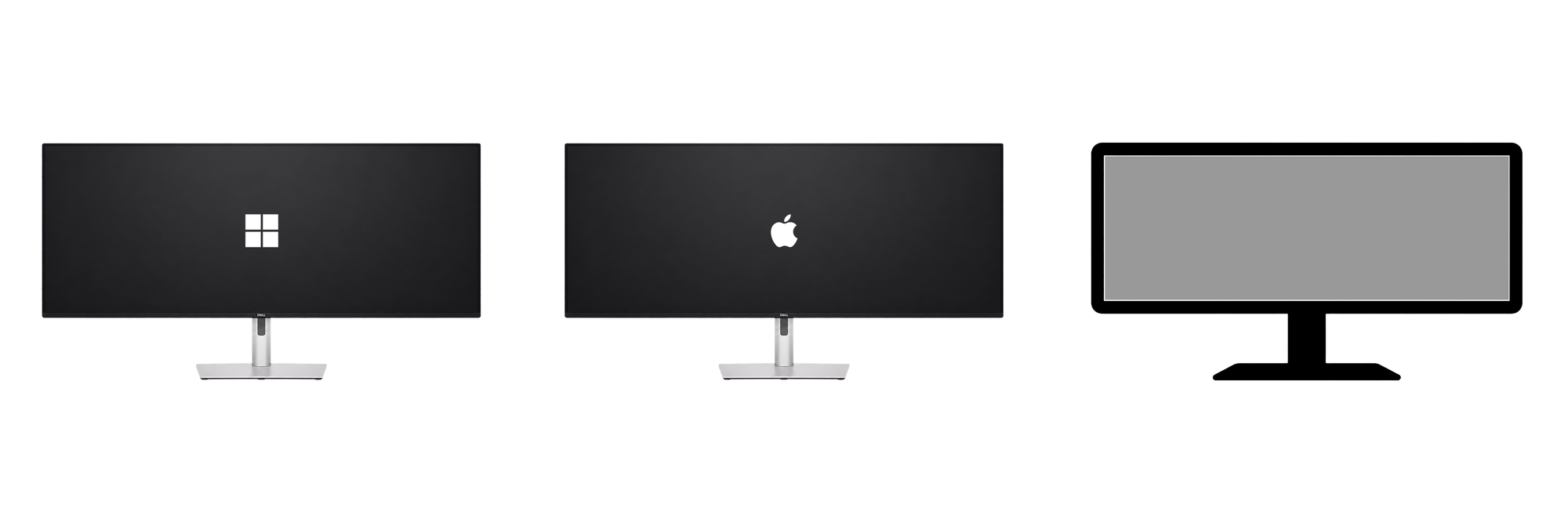 Three app icon masters: the monitor with a Windows logo on screen, the monitor with an Apple logo on screen, and a grayscale tray glyph template