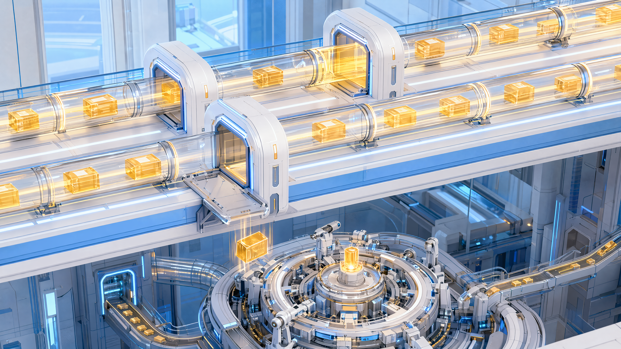 Isometric illustration of two transparent conveyor tubes carrying glowing parcels through scanner archways; below the first archway a parcel falls toward a circular rebuilding machine floor, while the second tube's archway is sealed and its parcels stream straight through
