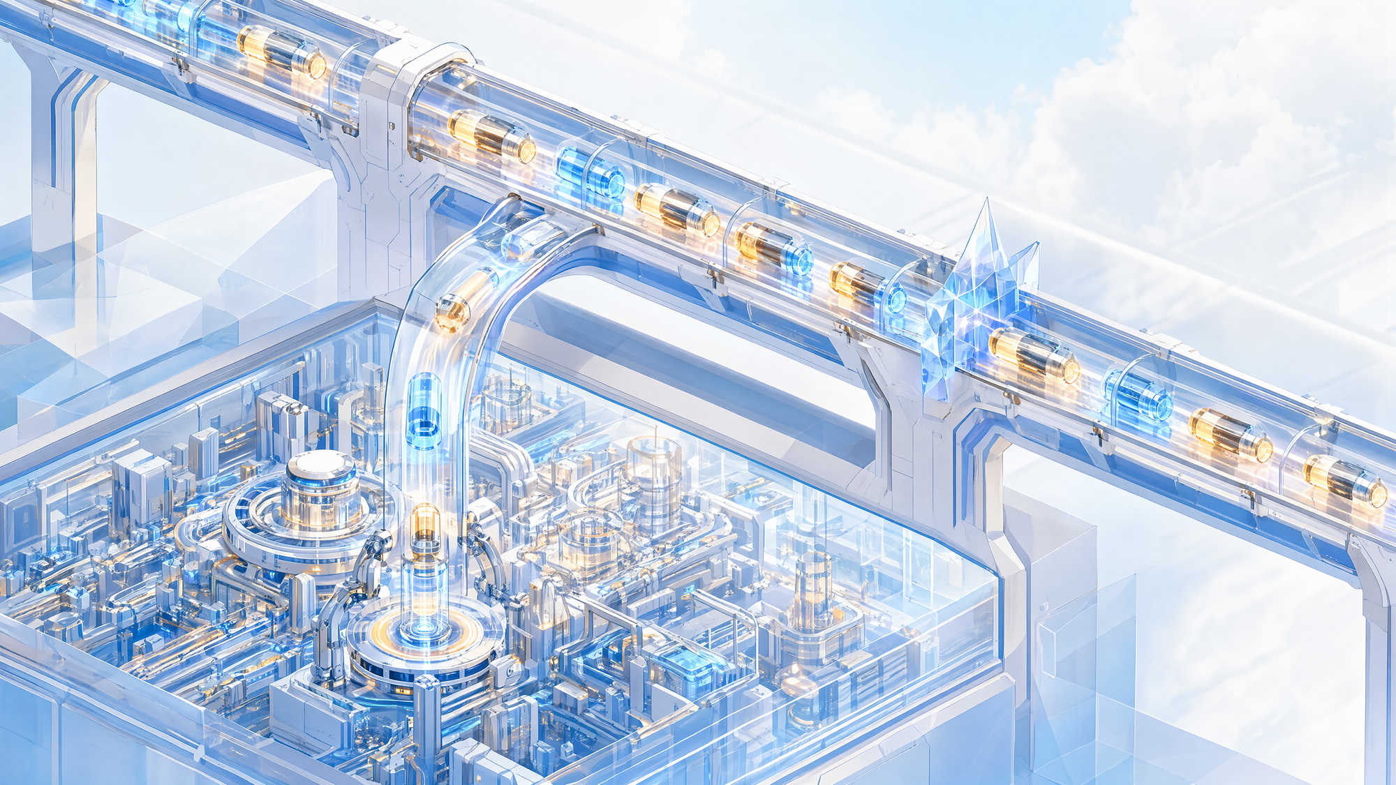 A glass express channel carrying glowing capsules across an intricate processing hall below, with a translucent ramp curving down into the machinery