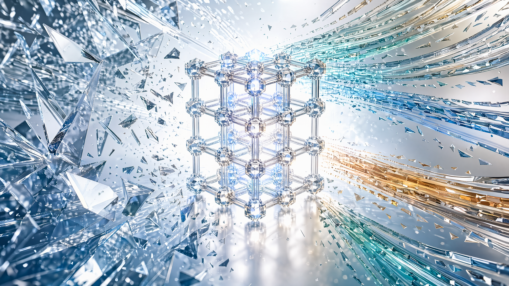 A translucent crystalline lattice standing intact while storms of glass shards stream around it in orderly flows