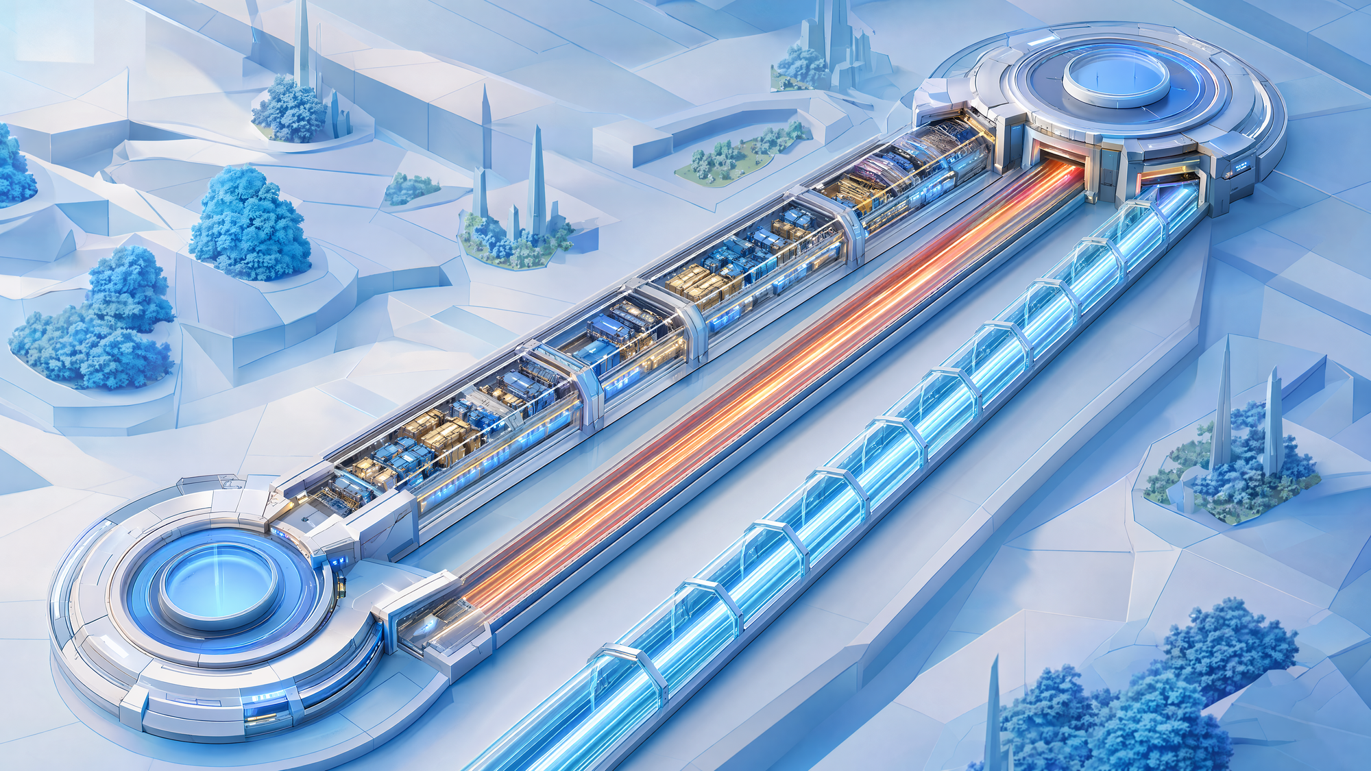 Isometric illustration of three parallel luminous conduits between two platforms: one wide and layered, one streaked with speed, one enclosed in crystalline guard rails
