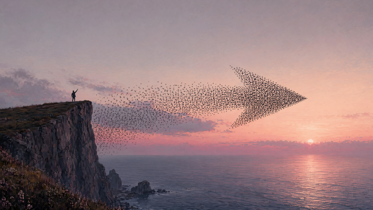 A murmuration of starlings forming one arrow over a dawn ocean, with a tiny figure raising an arm on a sea cliff