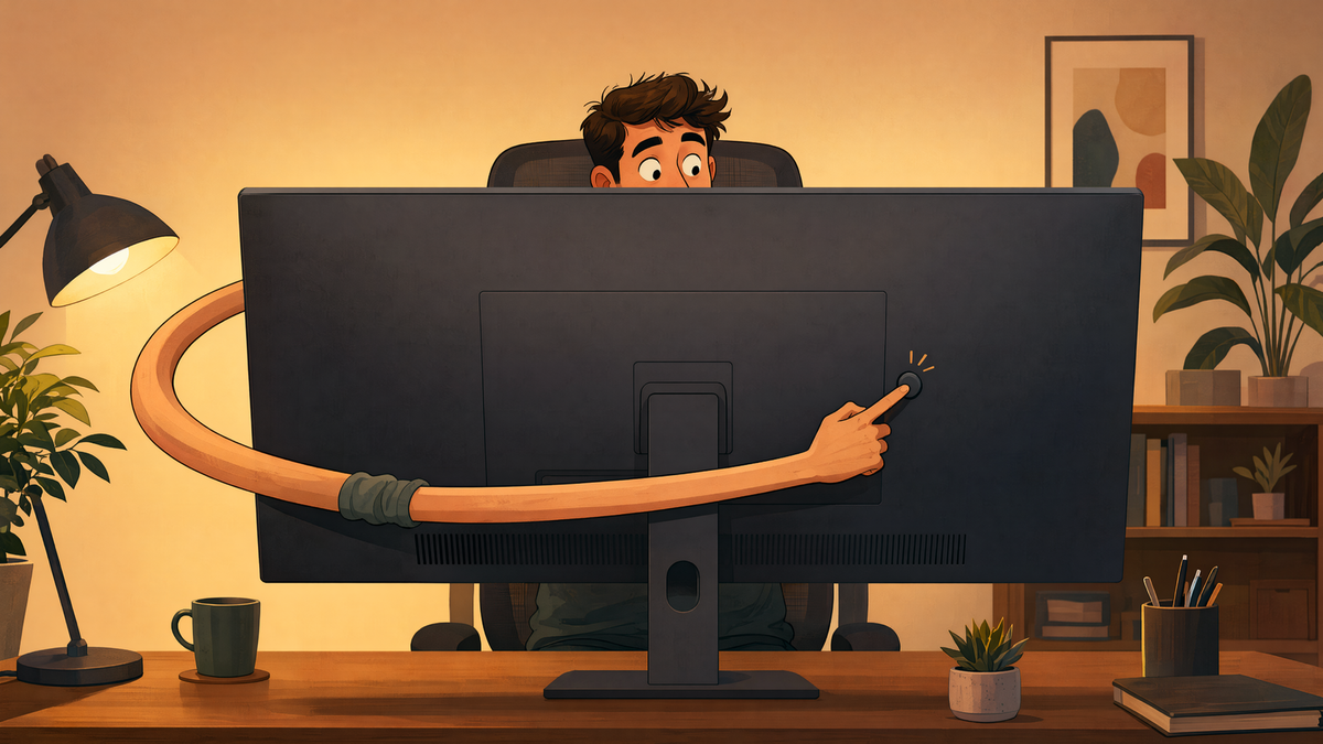 A comically long arm stretching from an office chair around a huge monitor to press a button on its back