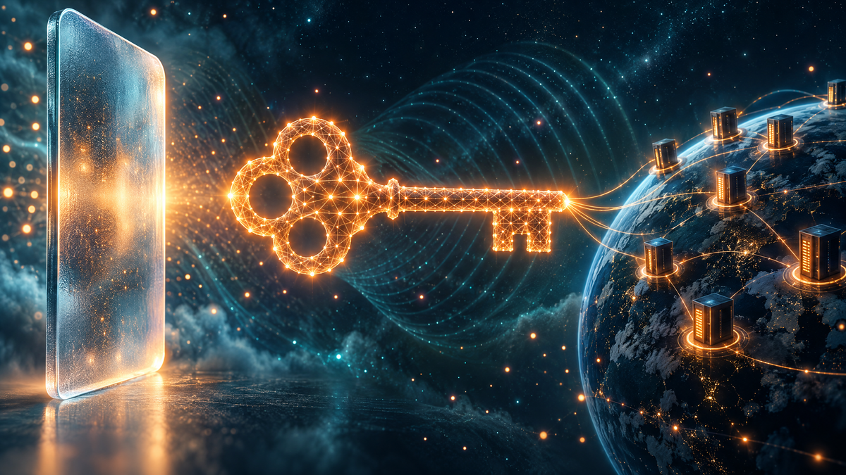 A glowing orange key built from a lattice of points floats between a frosted glass pane and a globe dotted with server towers linked by threads of light, amid teal waves in a navy sky.