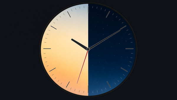 Minimal analog clock face split into a warm daylight half and a starry night half