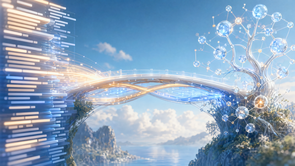 Luminous two-way bridge connecting a wall of abstract source code bars to a living tree of glass DOM nodes