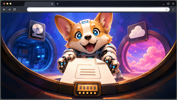 A corgi robot saves a document into Memory, with local-drive and cloud destinations visible inside a browser.