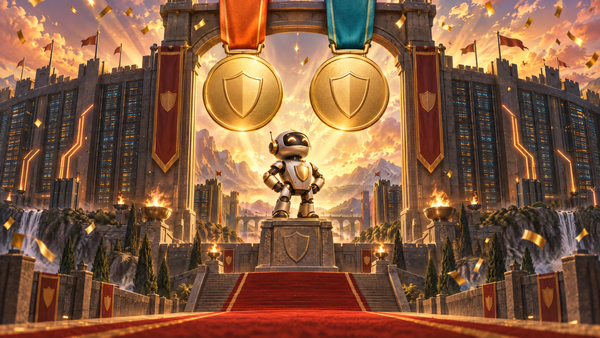 A small robot sentinel stands on a stone podium beneath two giant gold medals on orange and teal ribbons, at the gate of a fortress built from server racks.
