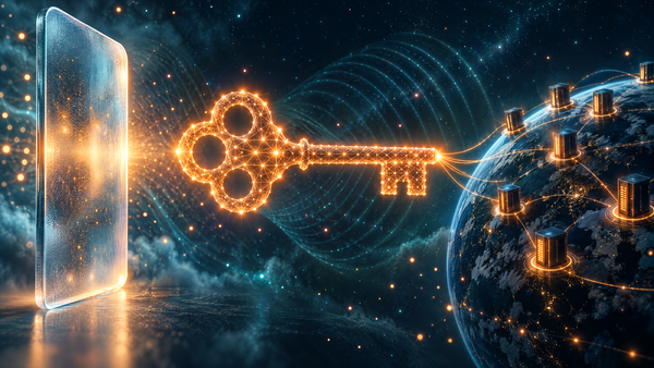 A glowing orange key built from a lattice of points floats between a frosted glass pane and a globe dotted with server towers linked by threads of light, amid teal waves in a navy sky.